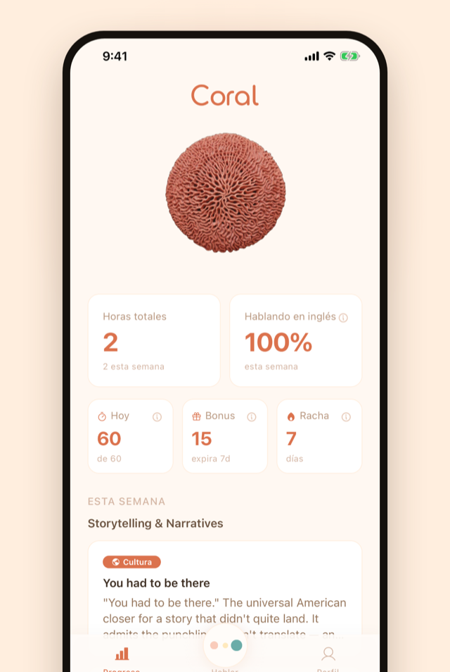 Progress screen: hours, streak, and CEFR level
